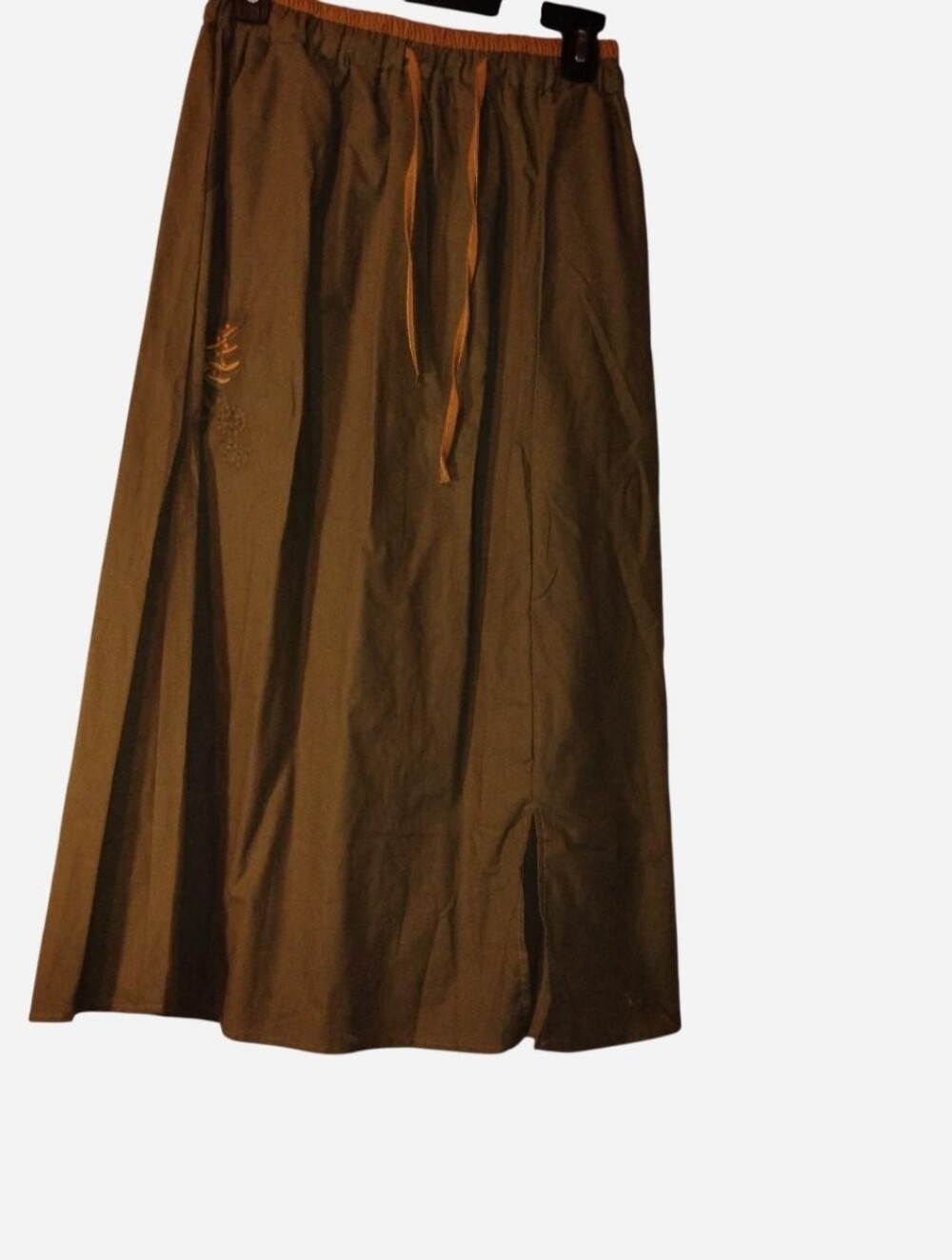 Boho Olive Green Embroidered A-Line Maxi Skirt with Pockets